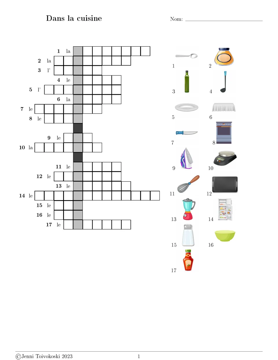 French kitchen crossword with 17 picture clues, including a spoon, mustard, oil, and a hidden message