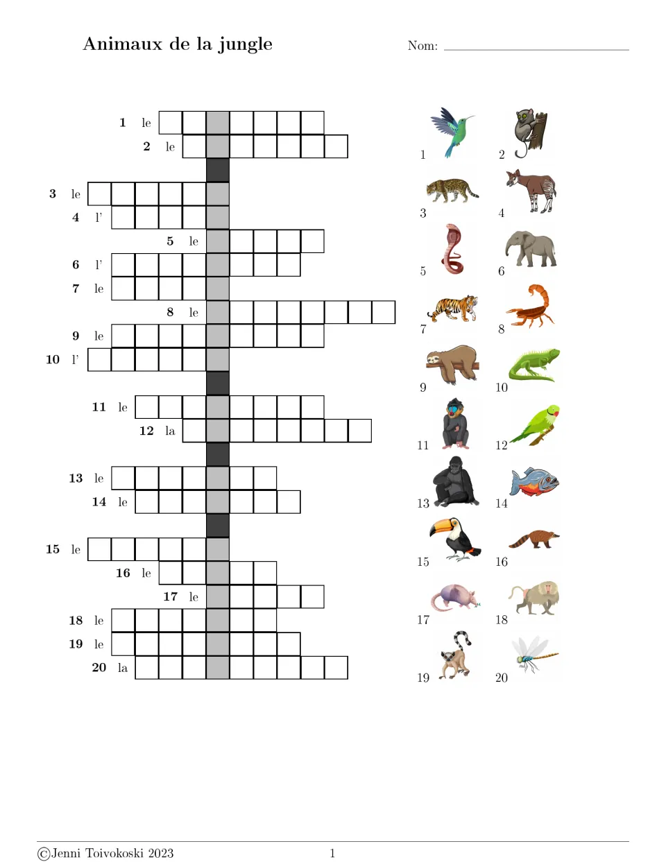 French jungle animal crossword: 20 picture clues, including a hummingbird, jaguar, okapi, cobra, and elephant