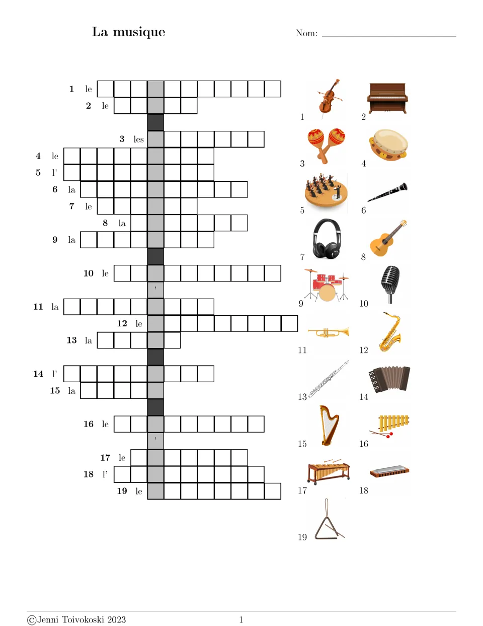 La musique crossword: students write French names for 19 pictured instruments, each clue giving le, la, l' or les
