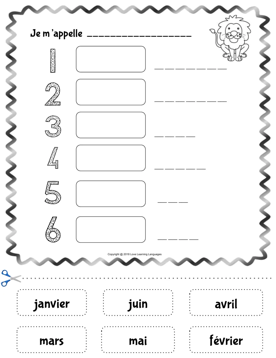 French months 1 to 6: students cut out janvier to juin, glue each by its number in order, then spell it on letter blanks