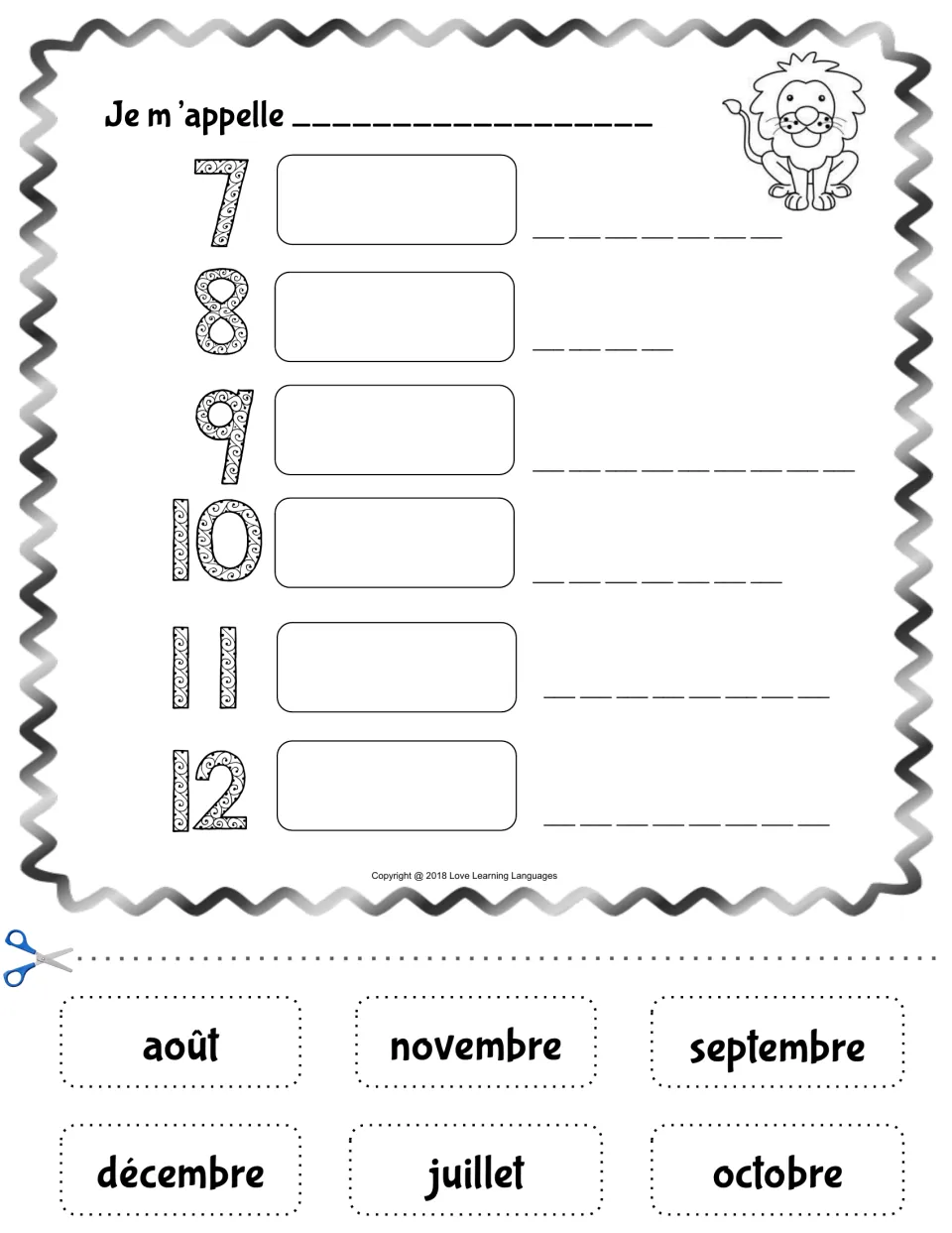 French months 7 to 12: students cut out juillet to décembre, paste each beside its number and write it on the blanks