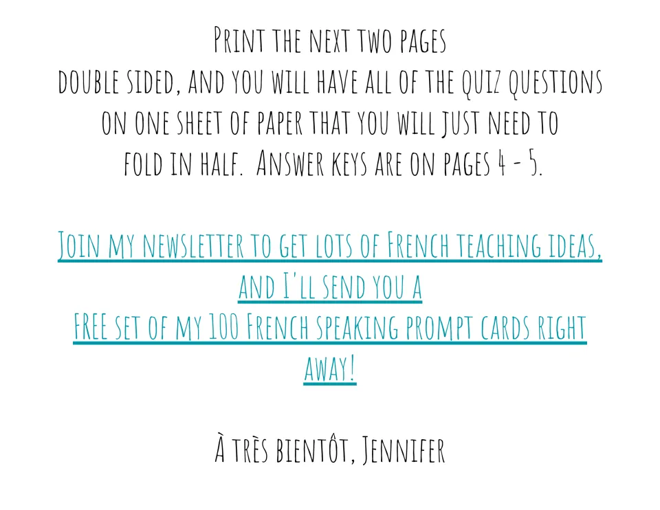Printing note: print the next two quiz pages double sided and fold in half; answer keys are on pages 4-5