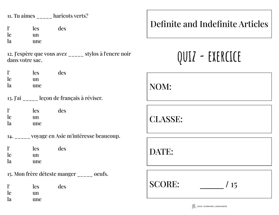 Articles quiz, items 11-15: students pick l', le, la, les, un, une or des to fill each French sentence blank