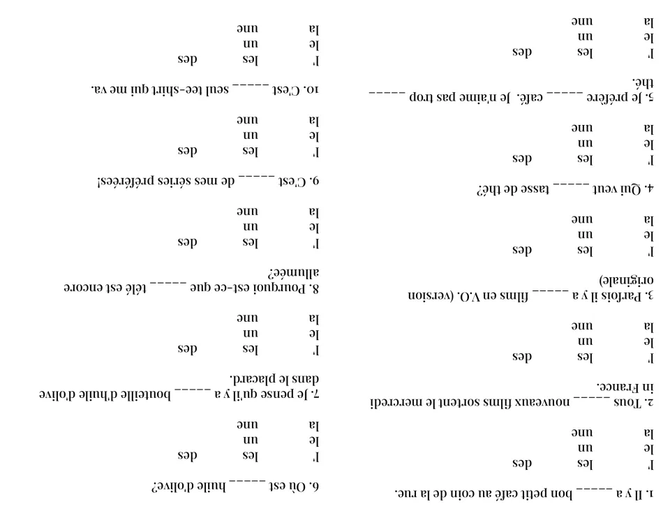 Article quiz items 1-10, printed upside down: students choose the right French article for each sentence