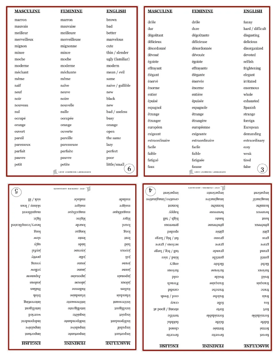 French adjective booklet pages 3–6: drôle (funny), favori (favorite), important (important), marron (brown)