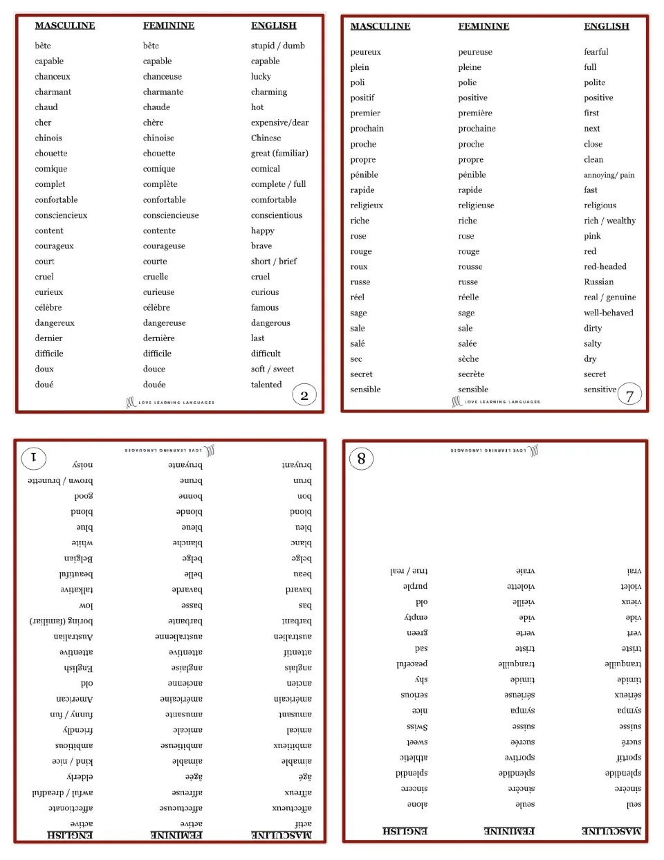 Booklet sheet 1 with pages 1, 2, 7 and 8: adjectives actif–bruyant, bête–doué, peureux–sensible and seul–vrai