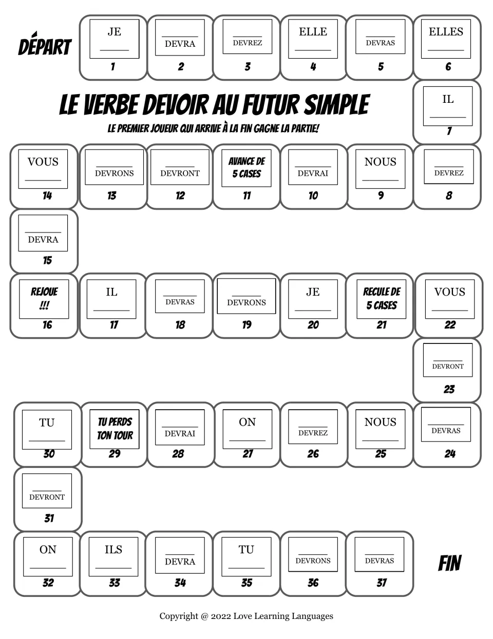 French game board with 37 spaces: devoir (to have to) in the simple future, pronouns, and movement directions.