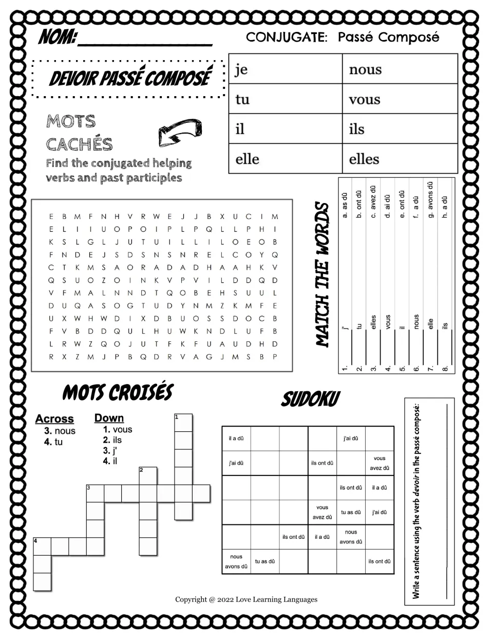 French devoir (to have to) practice: passé composé conjugation, word search, matching, crossword, and Sudoku.