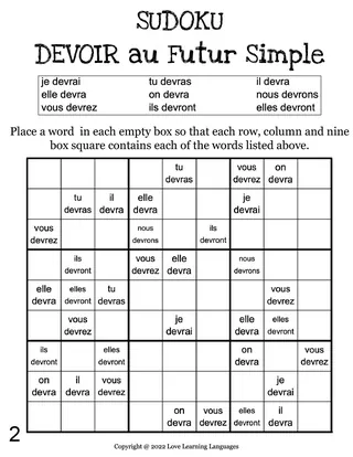 French: DEVOIR Futur Simple Sudoku – sample page 2