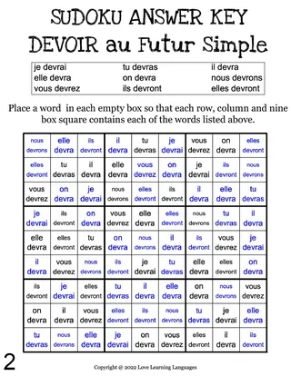 French: DEVOIR Futur Simple Sudoku – sample page 3