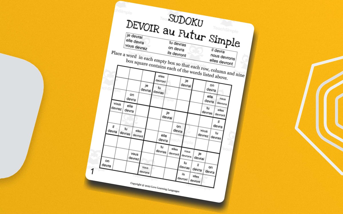 French: DEVOIR Futur Simple Sudoku preview: Four visible French word-sudoku puzzles