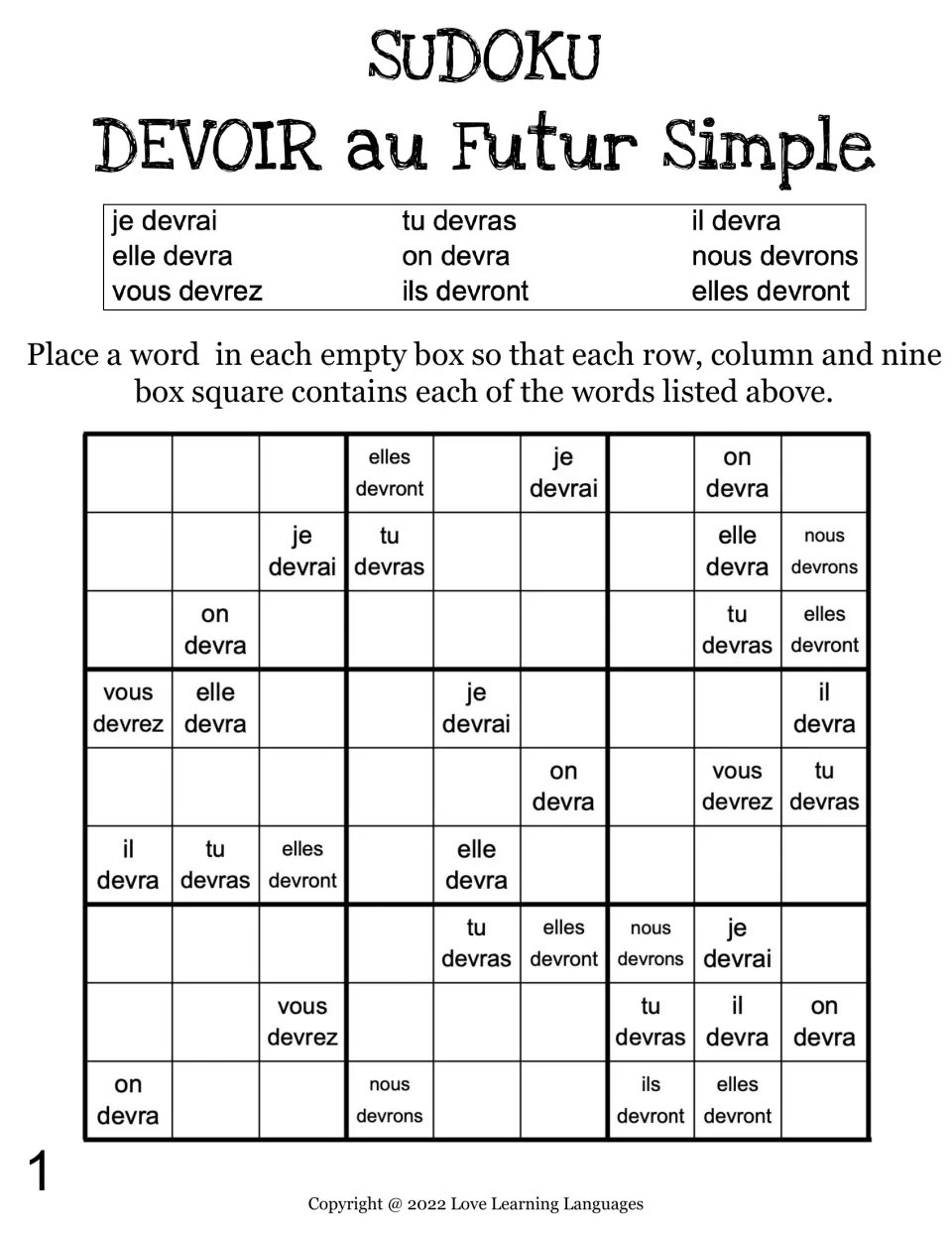 Devoir in the futur simple, puzzle 1: students solve a word sudoku using the nine forms, je devrai to elles devront