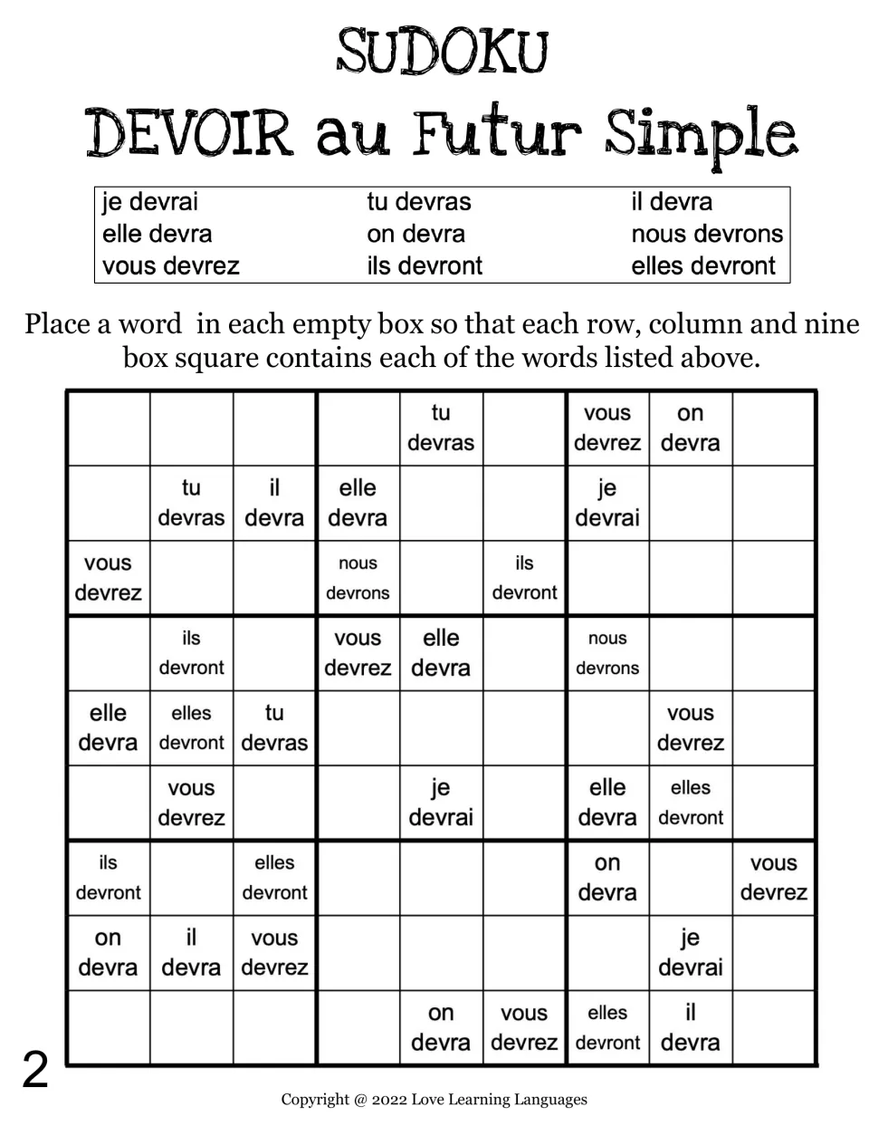 Puzzle 2, future tense of devoir: students place je devrai through elles devront so no form repeats in a row or column