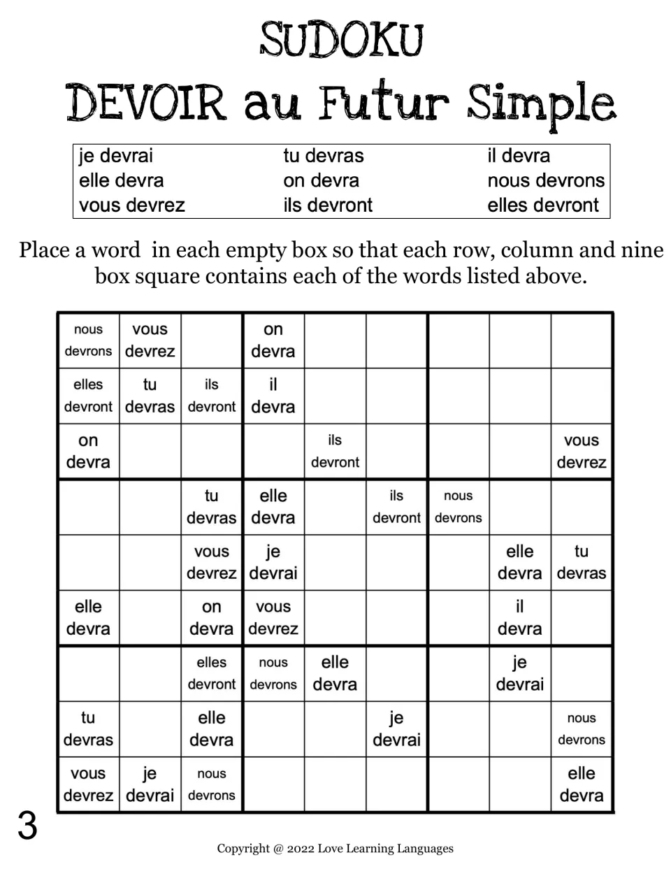 Devoir conjugation puzzle 3: students complete a word sudoku with the nine futur simple forms, one per row, column and box