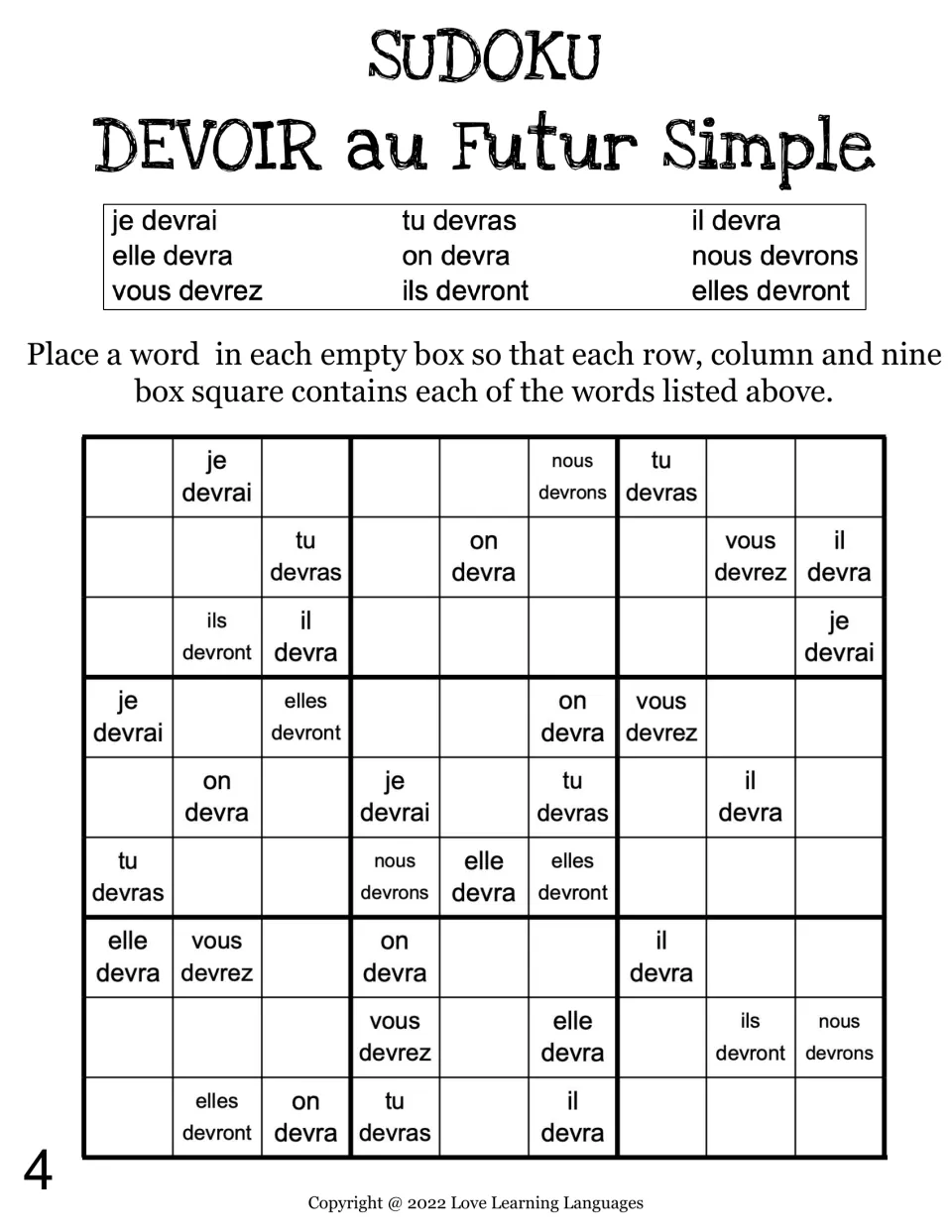 Puzzle 4, devoir in the future tense: students write each missing form such as nous devrons or ils devront in the sudoku
