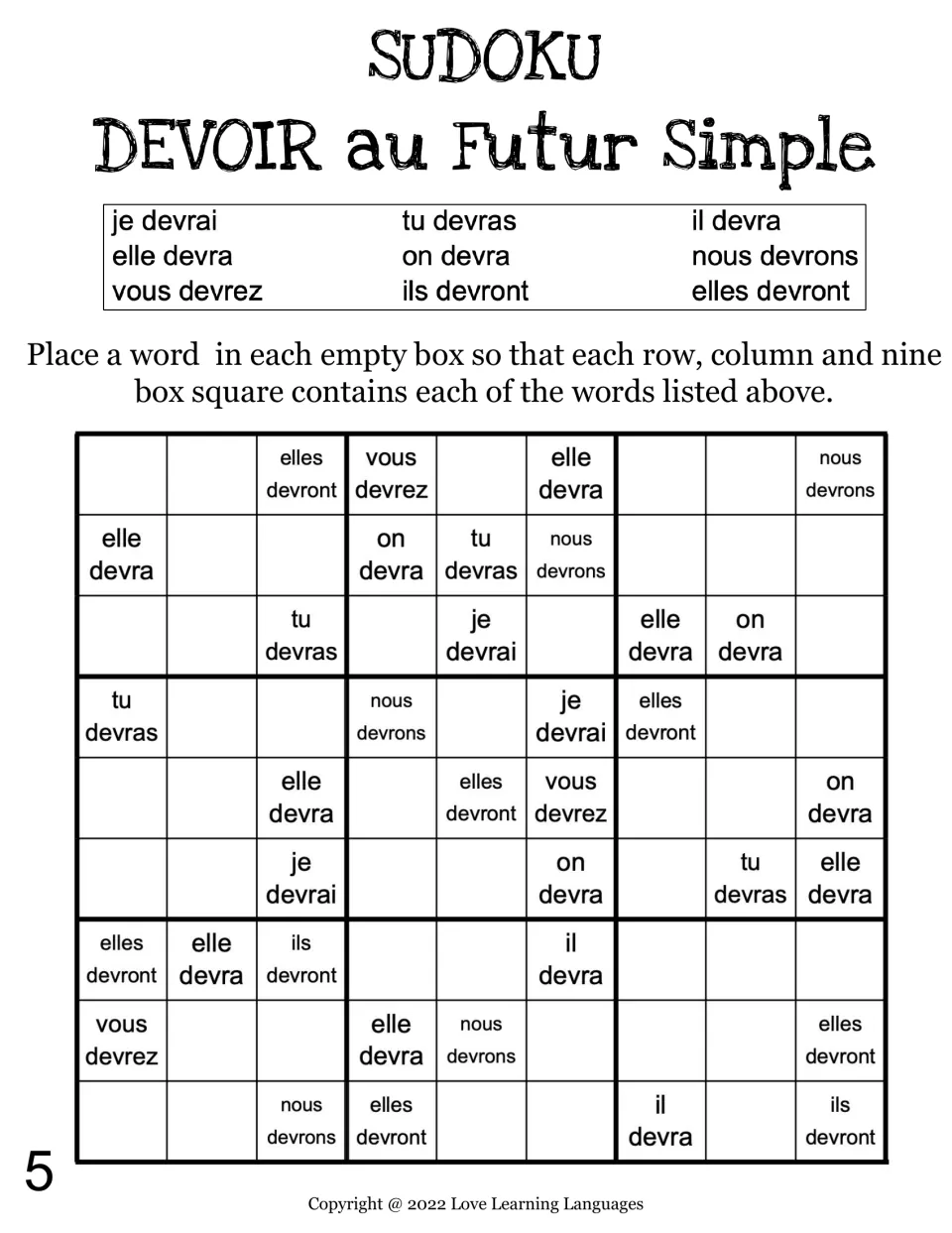 Devoir futur simple puzzle 5: students fill empty cells with il devra, vous devrez and other forms, once per row and box