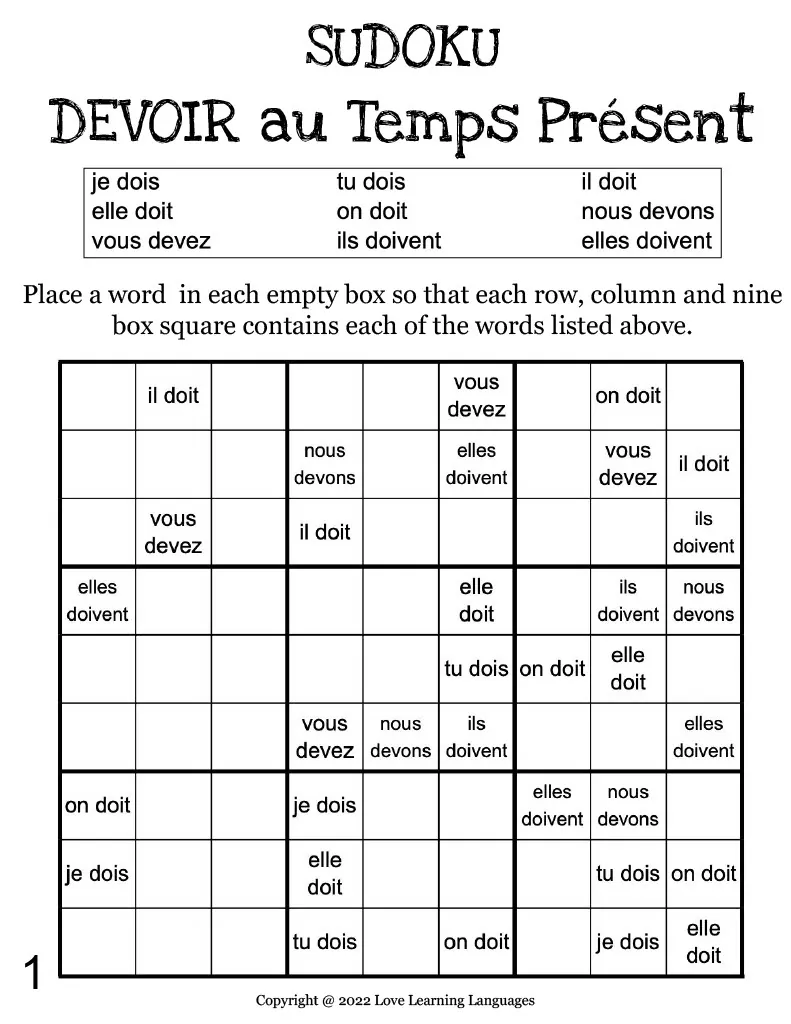 French: DEVOIR Present Tense Sudoku – cover