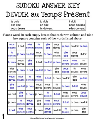 French: DEVOIR Present Tense Sudoku – sample page 2
