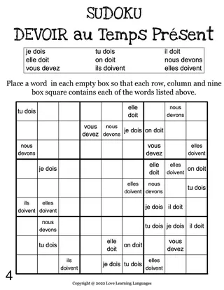 French: DEVOIR Present Tense Sudoku – sample page 3