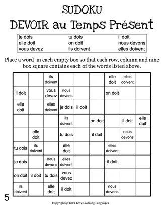 French: DEVOIR Present Tense Sudoku – sample page 4