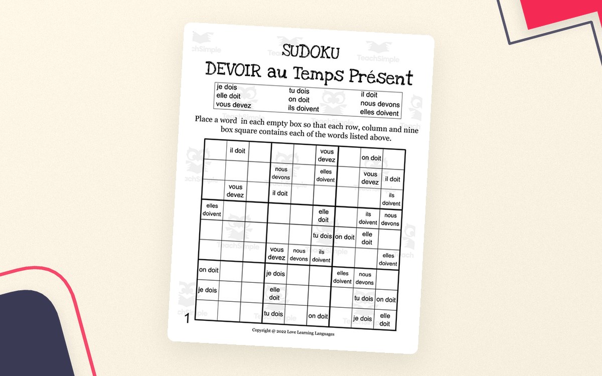 French: DEVOIR Present Tense Sudoku preview