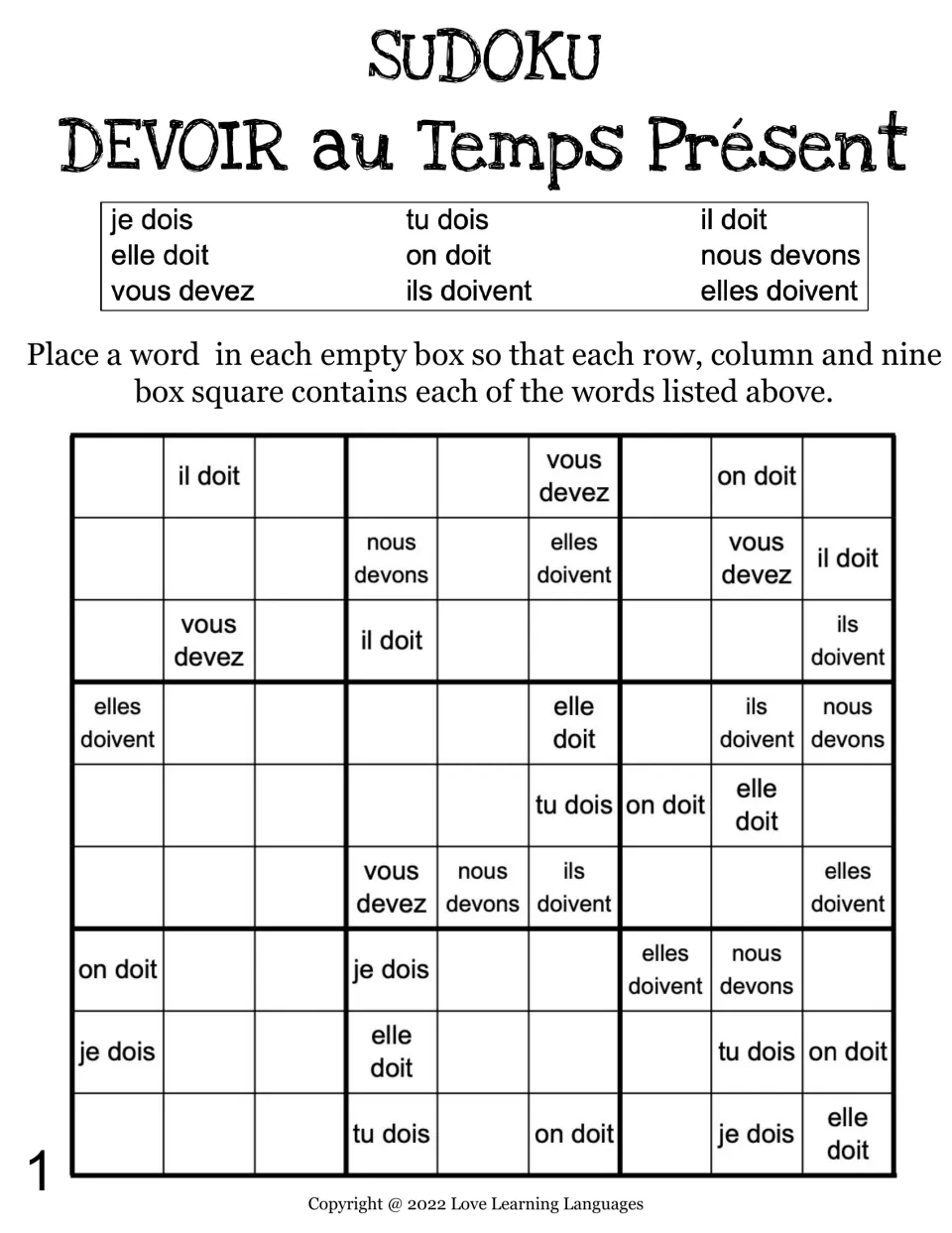 Devoir present tense sudoku 1: students place je dois to elles doivent so each form appears once per row, column, box