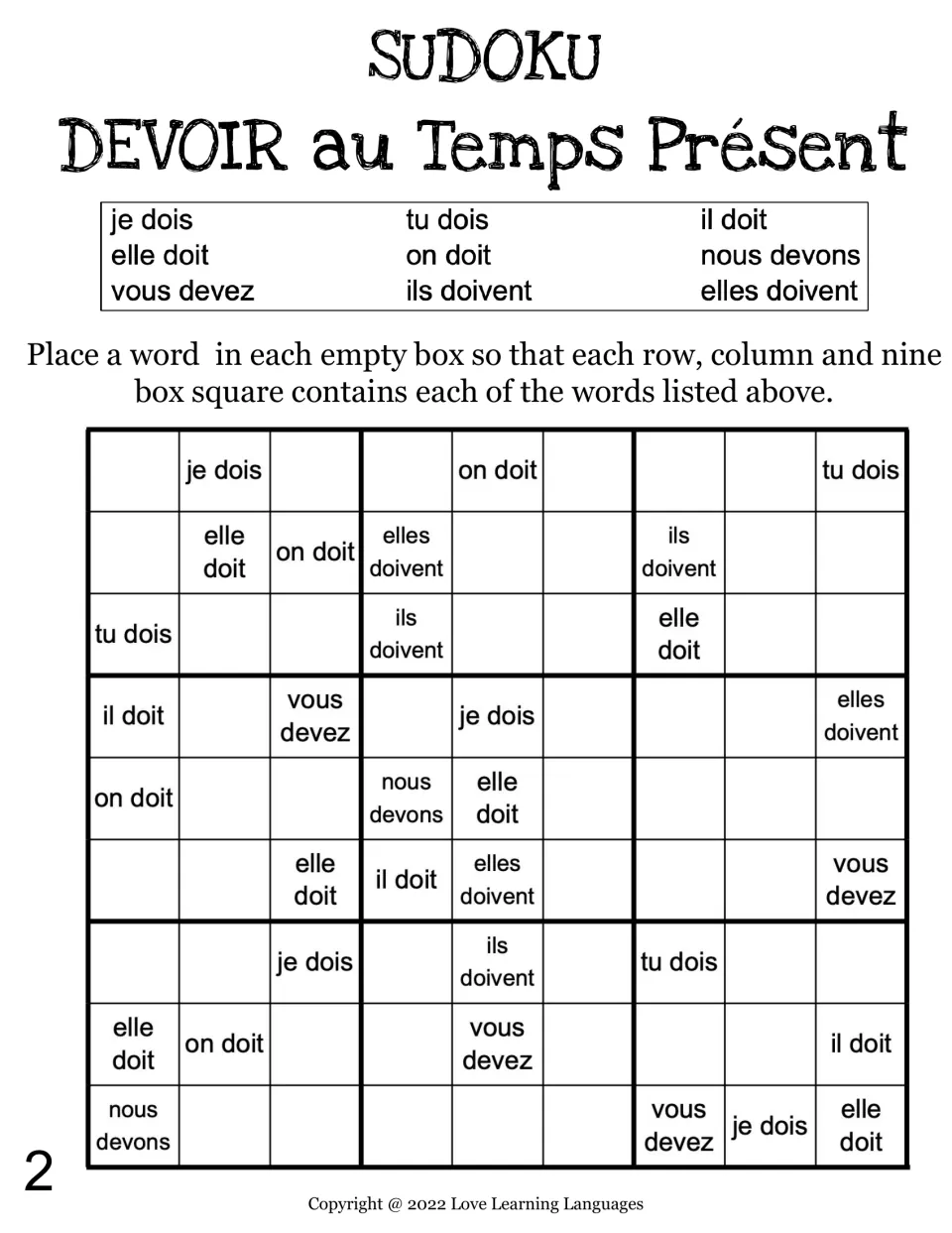 Devoir sudoku 2: students complete the grid of nine present-tense forms, starting from clues like je dois and on doit