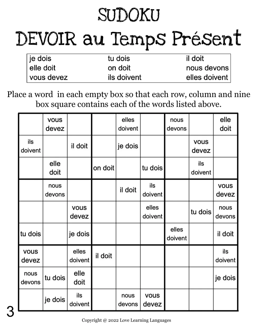 Devoir sudoku 3: students fill the present-tense grid using the word bank, with clues such as vous devez and il doit