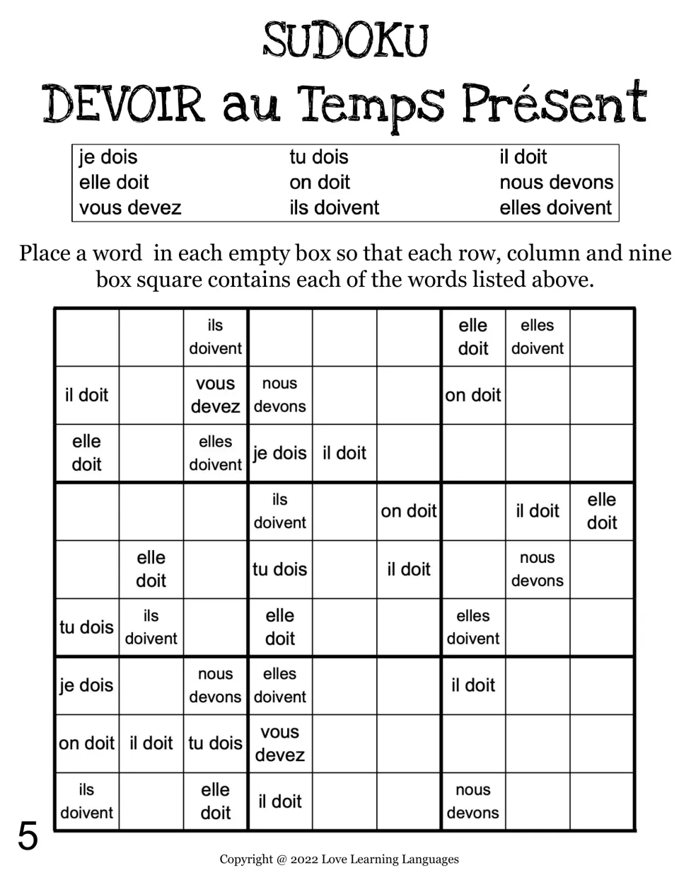 Devoir sudoku 5: students work out the missing present-tense forms around clues like il doit and ils doivent
