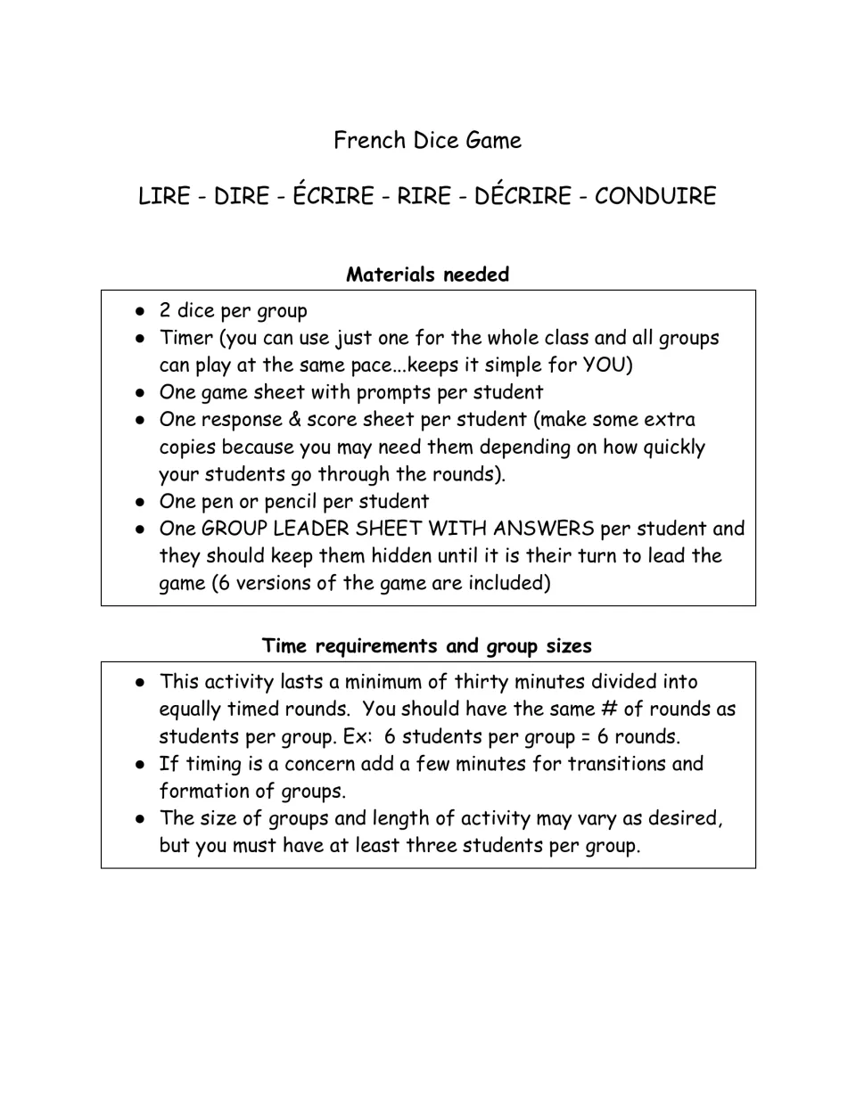 French verb dice game instructions: materials, at least 30 minutes of play, and groups of three or more.