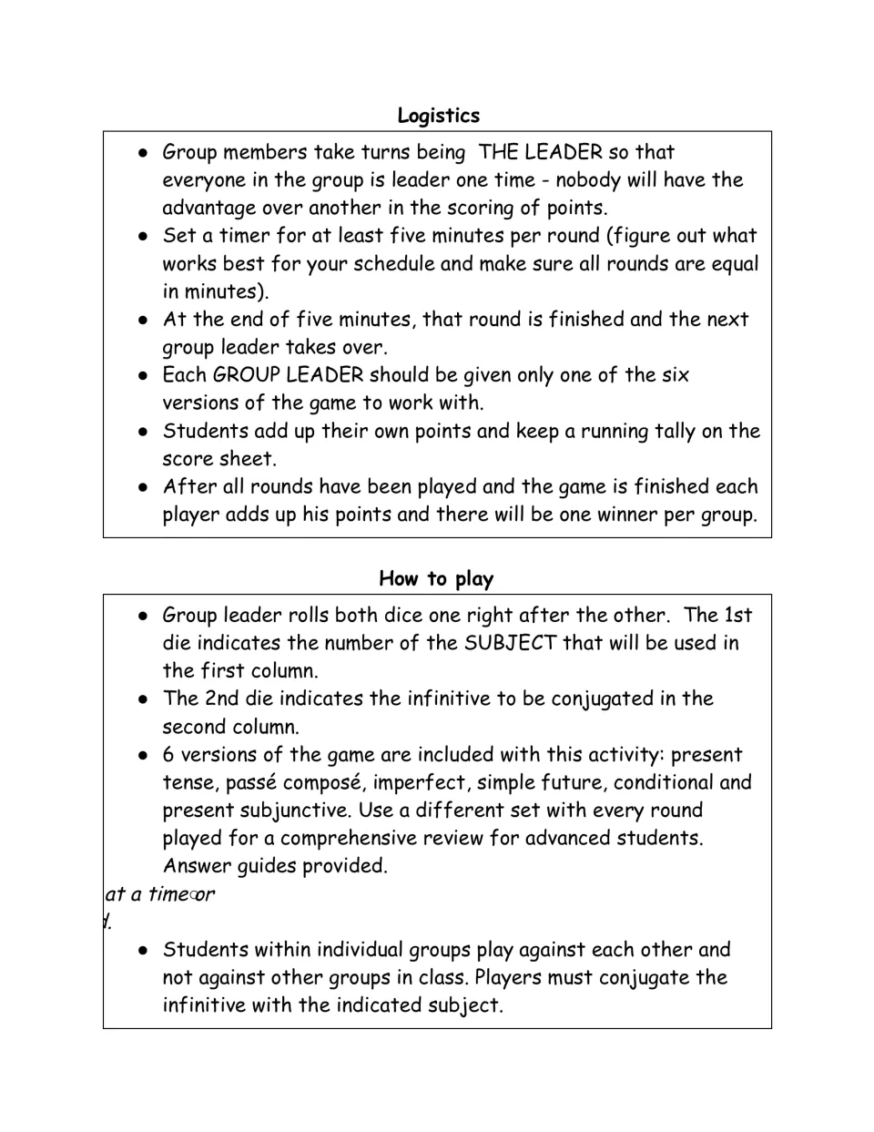 Dice game directions: rotating group leaders, timed rounds, and rolling dice to choose subjects and verbs.
