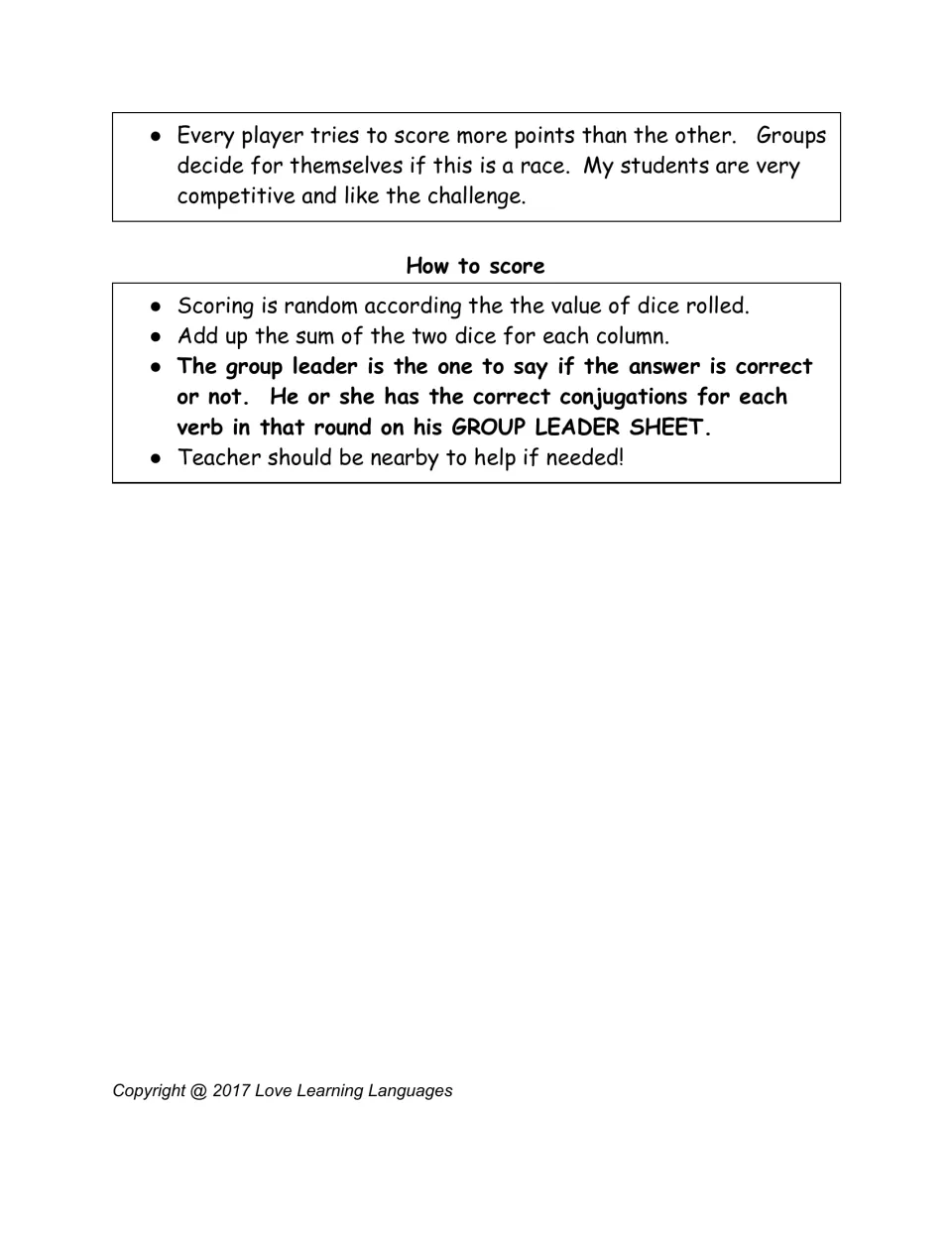 Dice game scoring instructions: add the two dice values and have the group leader check conjugation answers.