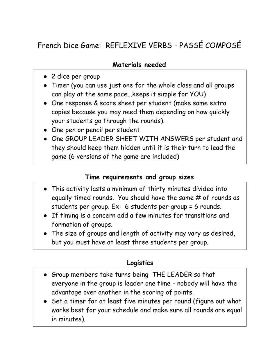 Reflexive verbs dice game setup: teacher notes on materials (2 dice, timer, score sheets), timing, group sizes, logistics