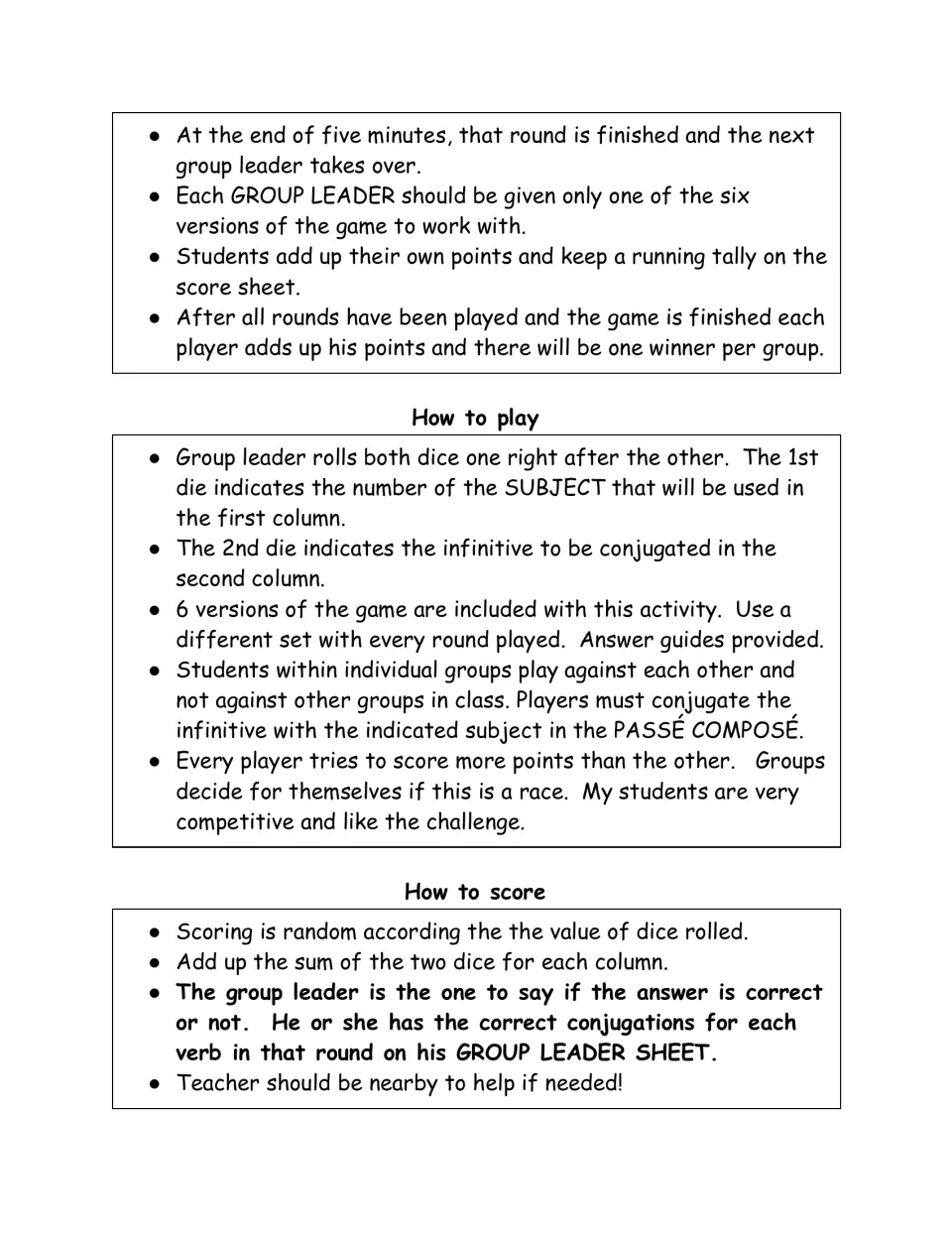 Dice game rules: leader rolls for a subject and an infinitive; players conjugate in the passé composé and score the dice sum