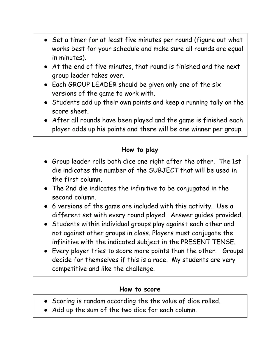 How to play: die 1 picks the subject, die 2 the infinitive to conjugate; score by the sum of the two dice
