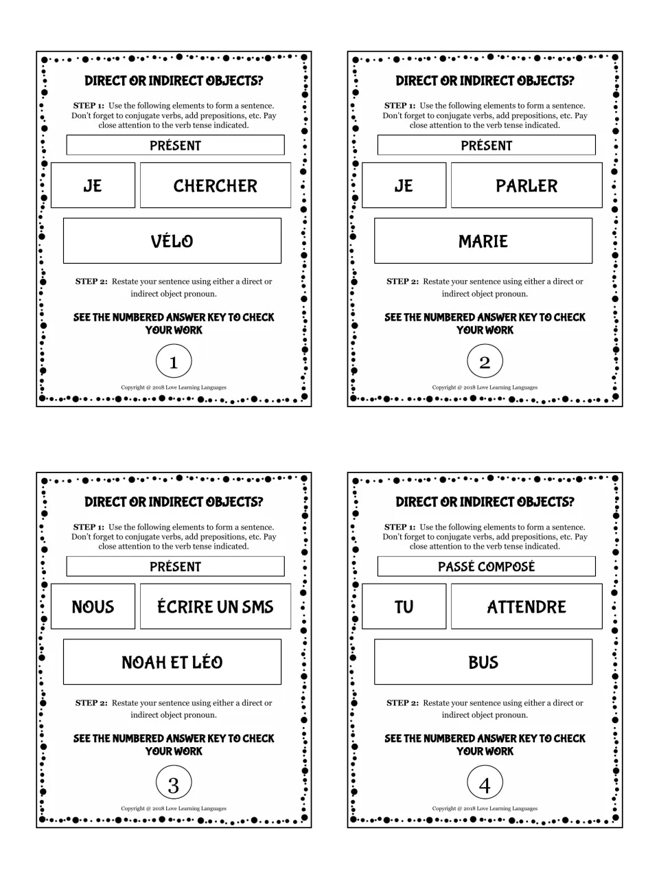 Object pronoun task cards 1-4: students form sentences from cues like JE CHERCHER VÉLO, then restate with a pronoun