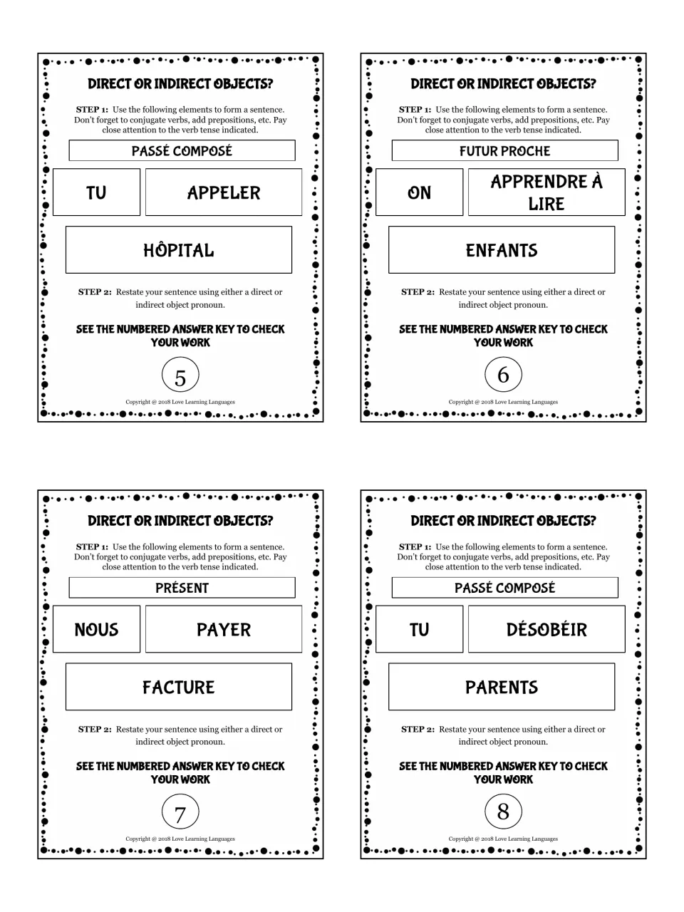 Object pronoun cards 5-8: build sentences from cues like TU APPELER HÔPITAL and NOUS PAYER FACTURE, then swap in a pronoun