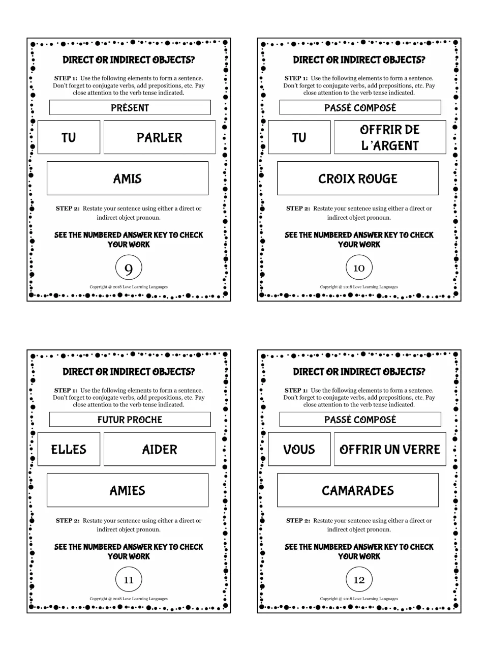 Cards 9-12 on direct vs. indirect objects: TU PARLER AMIS, ELLES AIDER AMIES; write the sentence, then use a pronoun