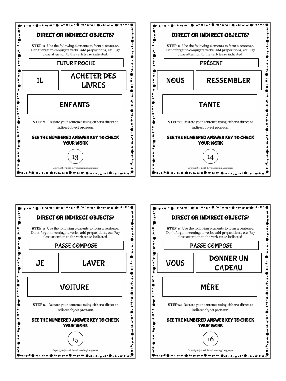 Cards 13-16: students conjugate cues like JE LAVER VOITURE and VOUS DONNER UN CADEAU MÈRE, then use an object pronoun