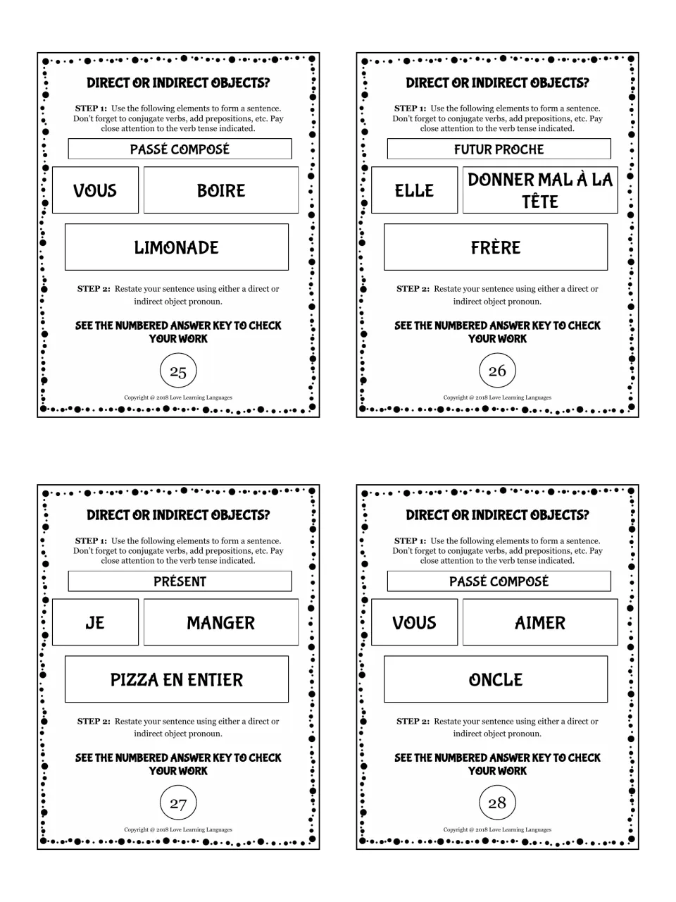 Cards 25-28: VOUS BOIRE LIMONADE, ELLE DONNER MAL À LA TÊTE FRÈRE; students form and rewrite each with an object pronoun