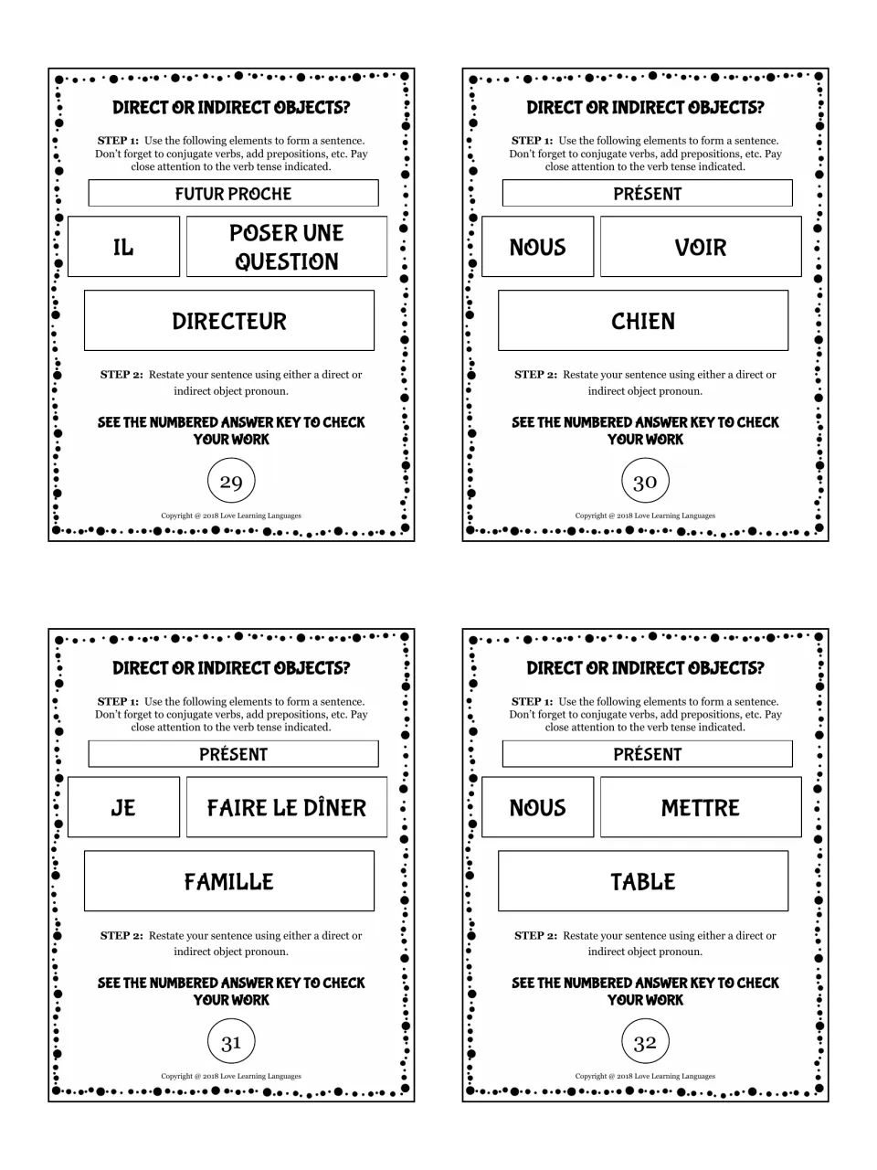 Cards 29-32: write sentences from IL POSER UNE QUESTION DIRECTEUR or NOUS METTRE TABLE, then restate with a pronoun