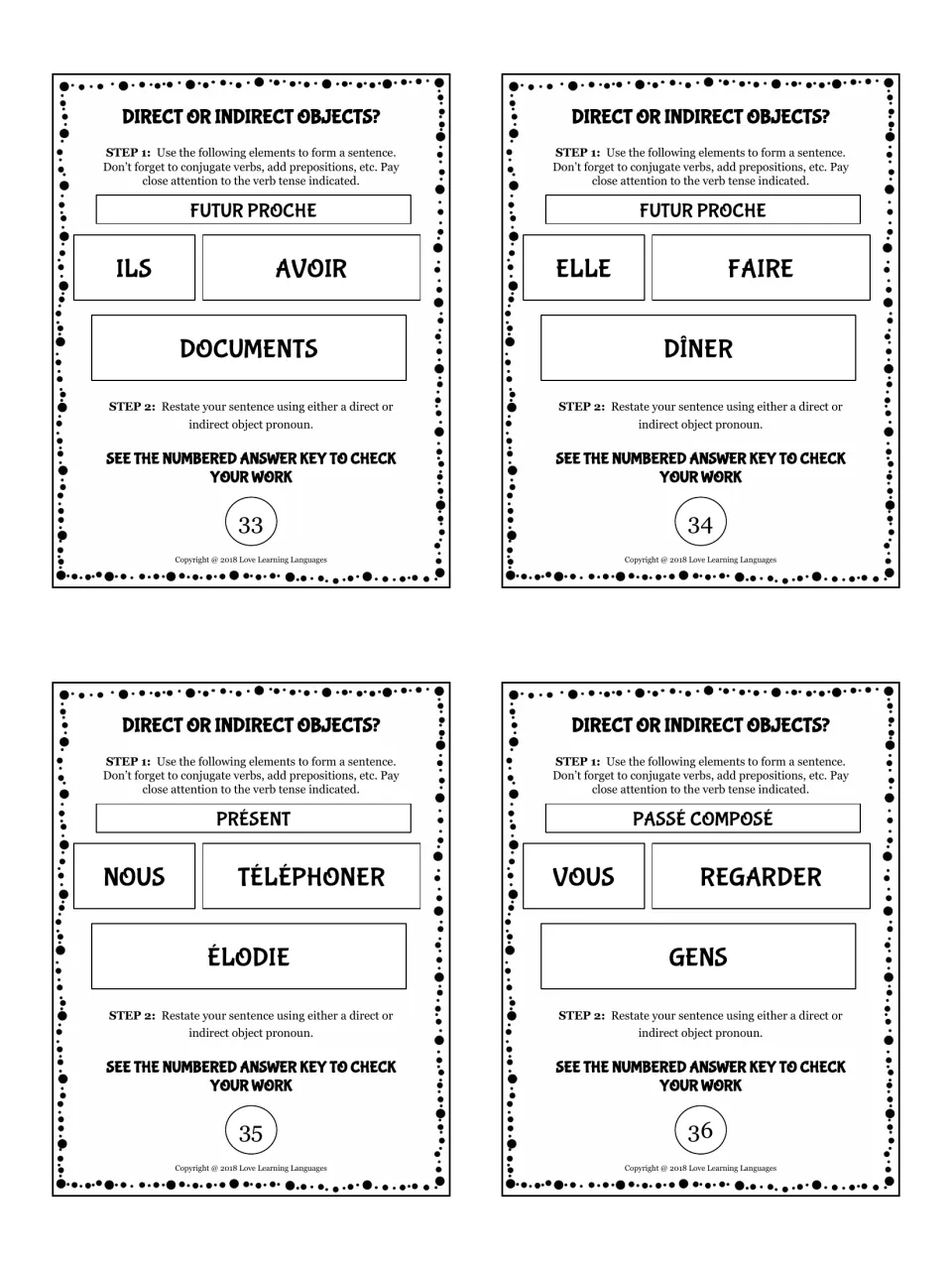 Cards 33-36 on object pronouns: ILS AVOIR DOCUMENTS, ELLE FAIRE DÎNER, VOUS REGARDER GENS; build each, then use a pronoun