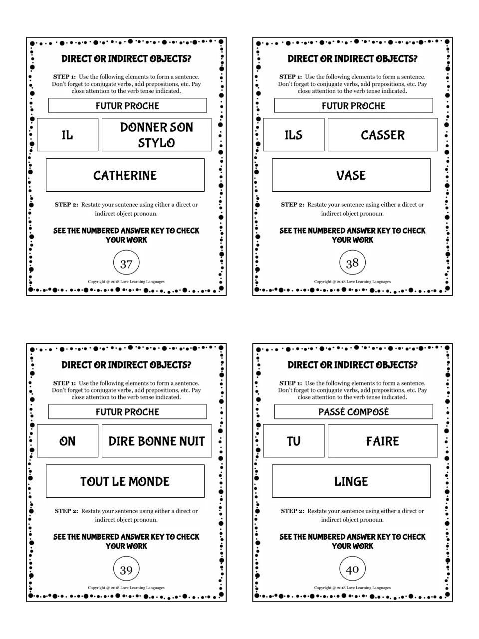 Cards 37-40: ILS CASSER VASE, ON DIRE BONNE NUIT TOUT LE MONDE; students form each sentence, then restate with a pronoun