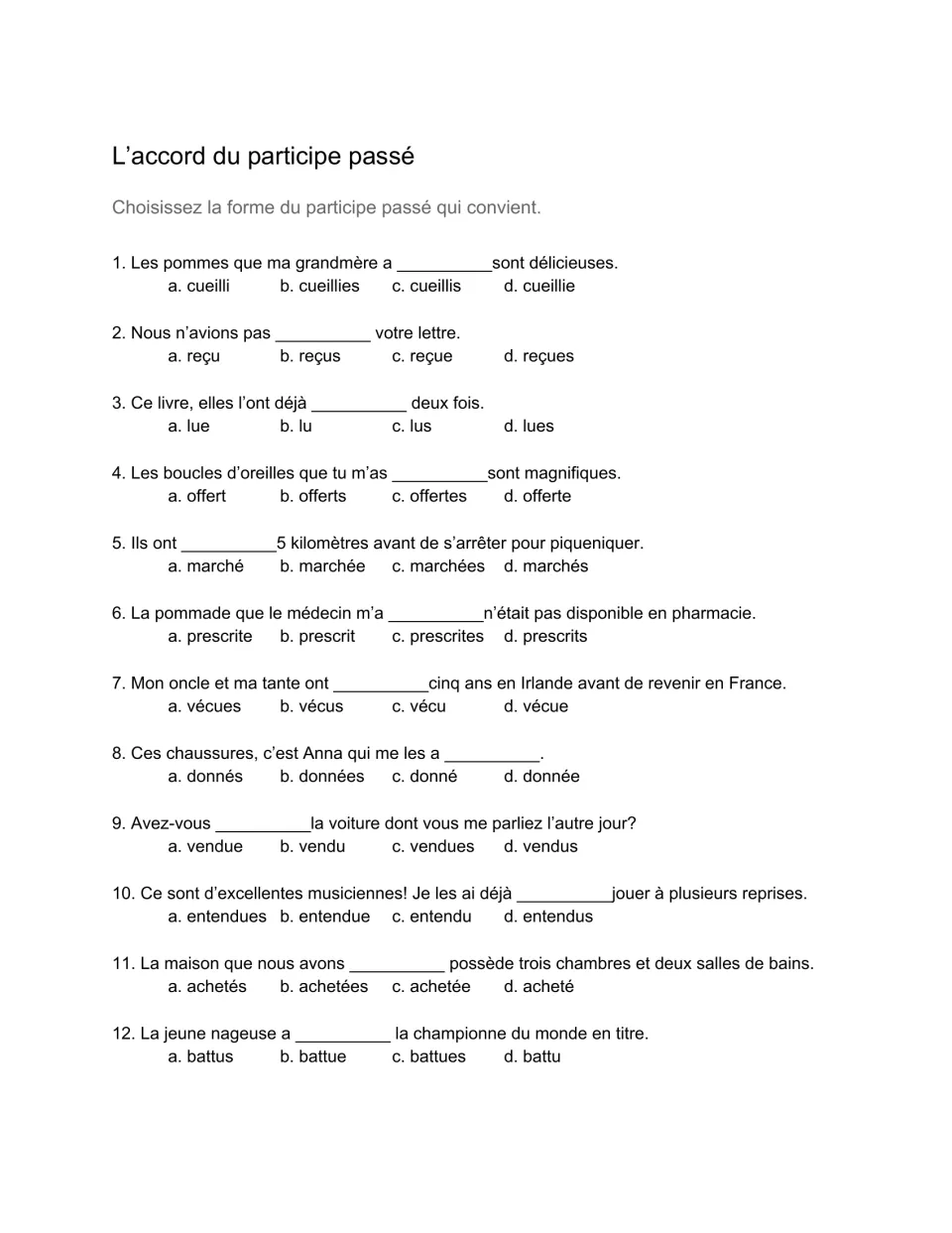 French past participle agreement questions 1–12, including cueilli (picked), reçu (received), and lu (read).