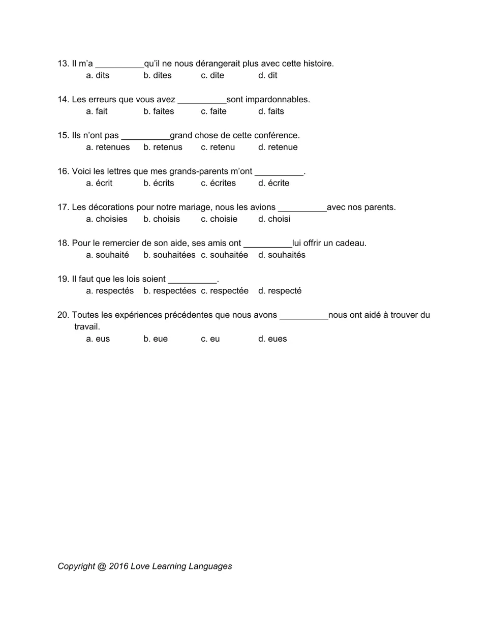 French past participle agreement questions 13–20, including dit (said), fait (done), and écrit (written).