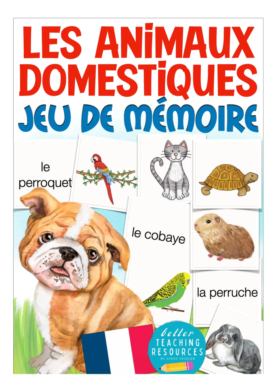 French memory game cover titled 'Les animaux domestiques' (domestic animals), with sample matching cards