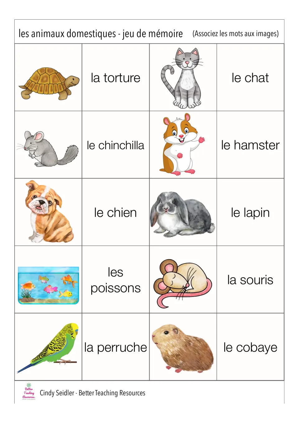 French memory pairs 1–10: animal pictures and labels including le chat (cat) and le chien (dog)