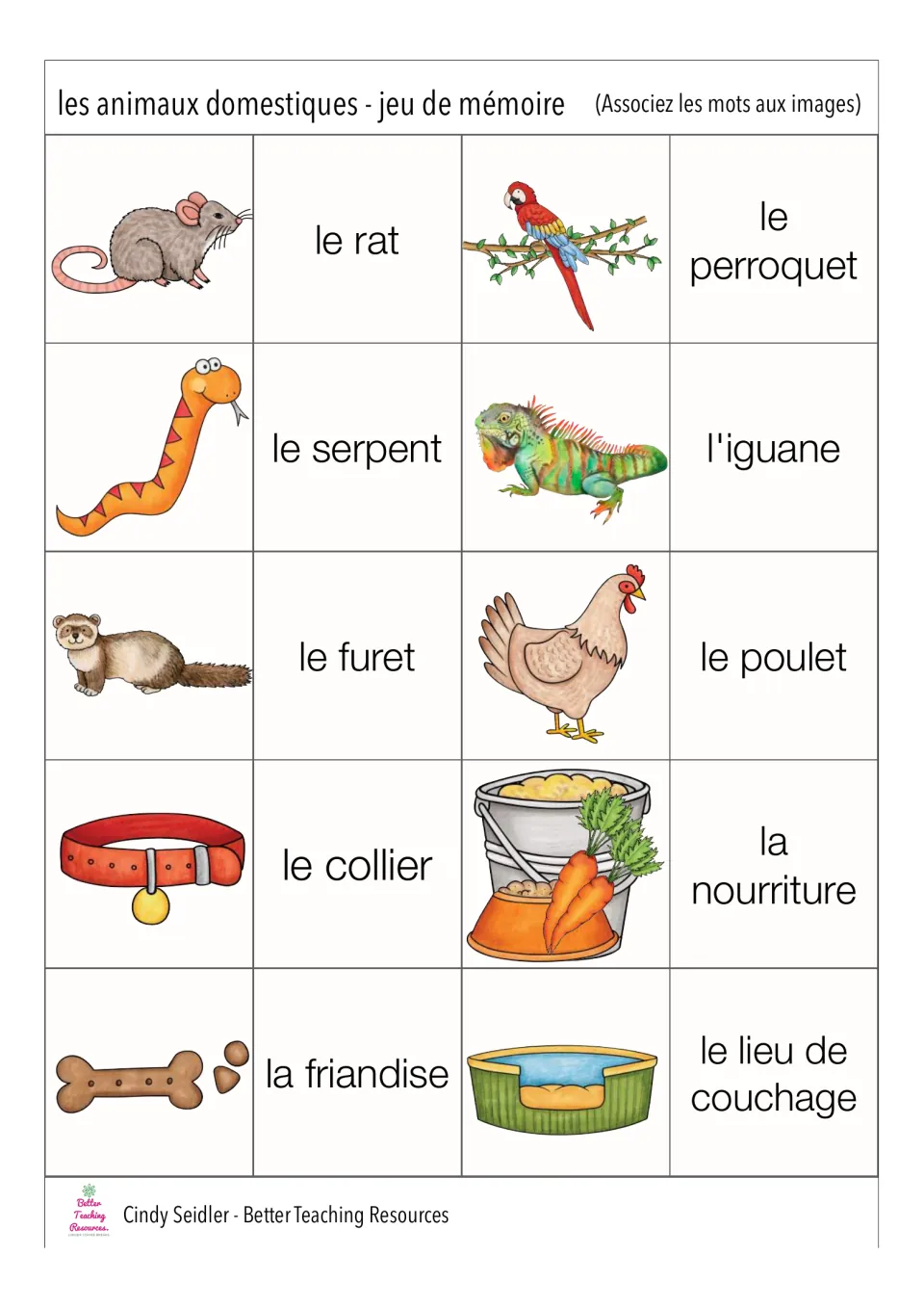 French memory pairs 11–20: animals and pet supplies, including le rat (rat) and le collier (collar)
