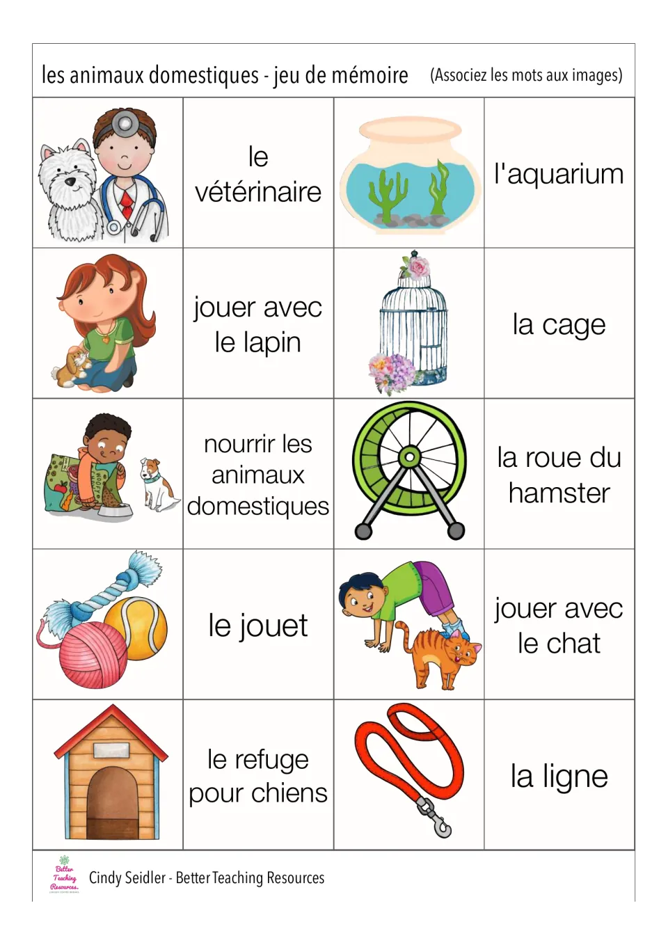 French memory pairs 21–30: pet care pictures and text, including le vétérinaire (vet) and la cage (cage)