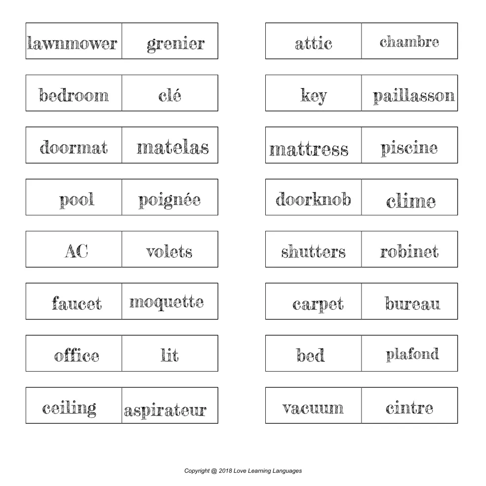 Home vocabulary dominoes: students link French words like grenier, clé and matelas to attic, key and mattress in a chain